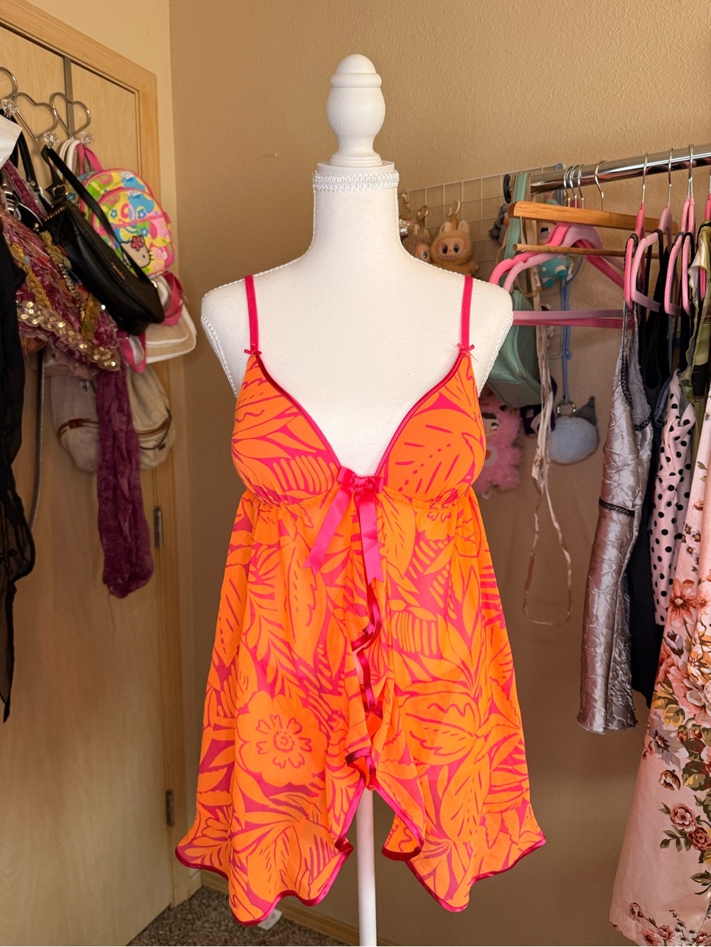 Cosmopolitan Neon Orange and Hot Pink Tropical Chemise with Ruffle Front